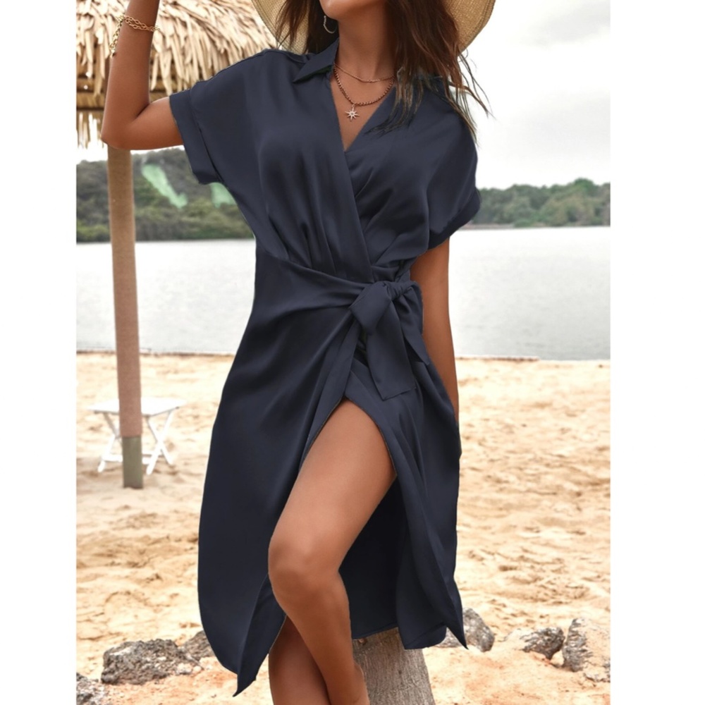 Navy Blue Satin Wrap Dress Side Tie Short Rolled Up Sleeves - Picture 5 of 7